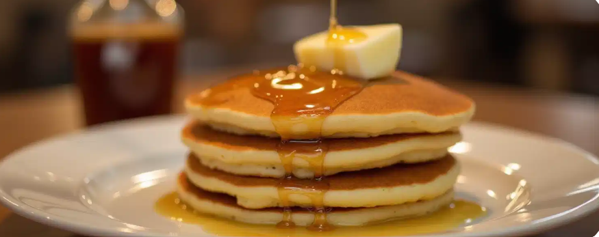 Stack of fluffy pancakes with syrup and butter served at a cozy Mystic restaurant.
