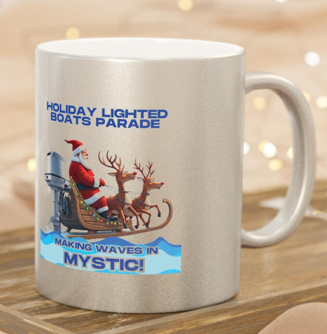 Metallic Holiday Mug: Festive Boat Parade Design - Silver or Gold