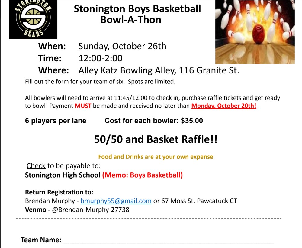 Stonington High School Boys basketball bowl-a thon Team Registration Form