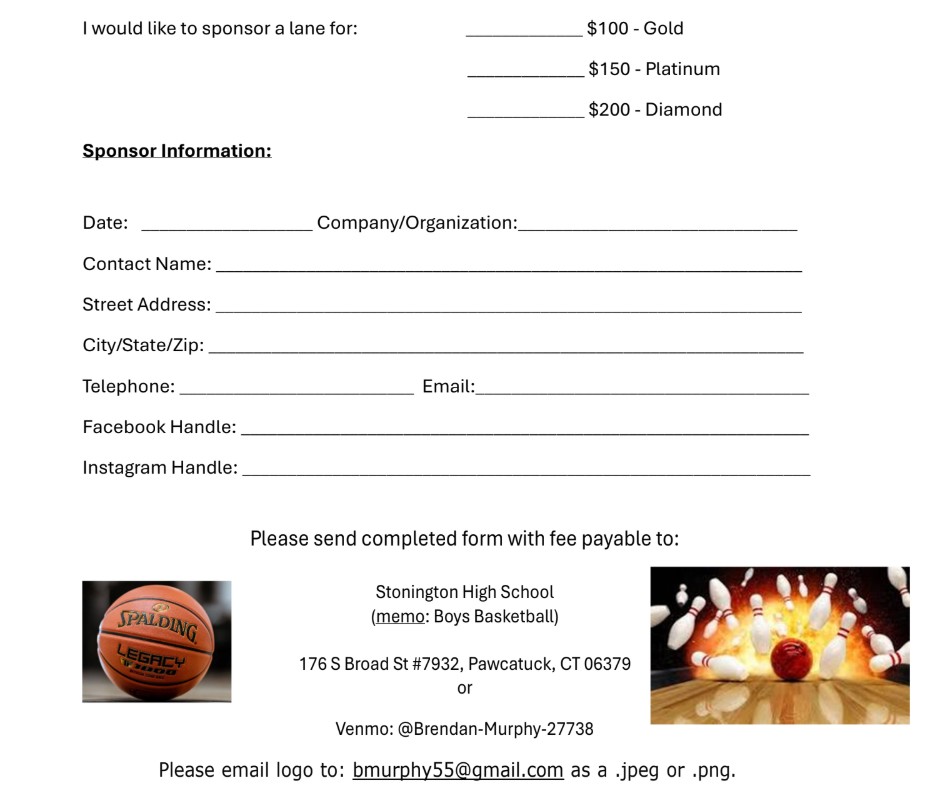 Stonington High School Boys basketball bowl-a thon Team Sponsor Form